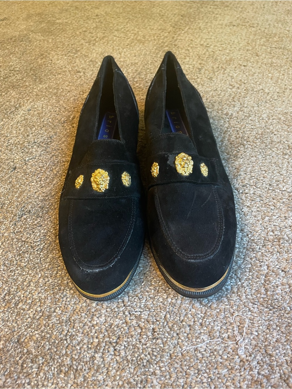Brios Vintage Men’s Black Suede Loafers with Gold Lion Head Accents Size 11 D
